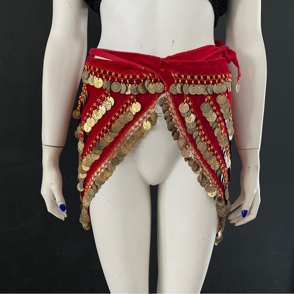 Red Velvet Gold Coin Triangle Hip Scarves Belly Dance - Picture 2 of 6